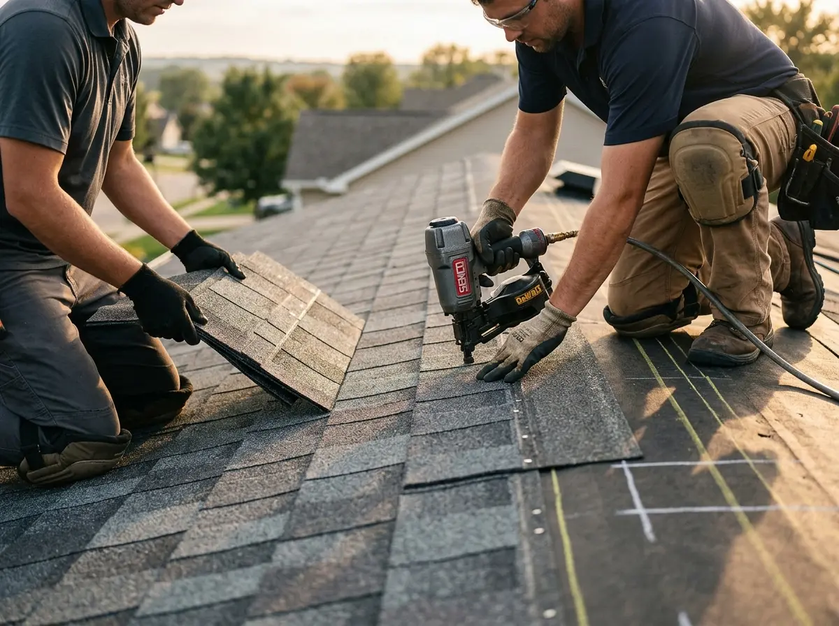 Professional roofer working on a residential roof in Westford